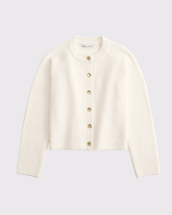 Ribbed Crew Cardigan, Cream view 1