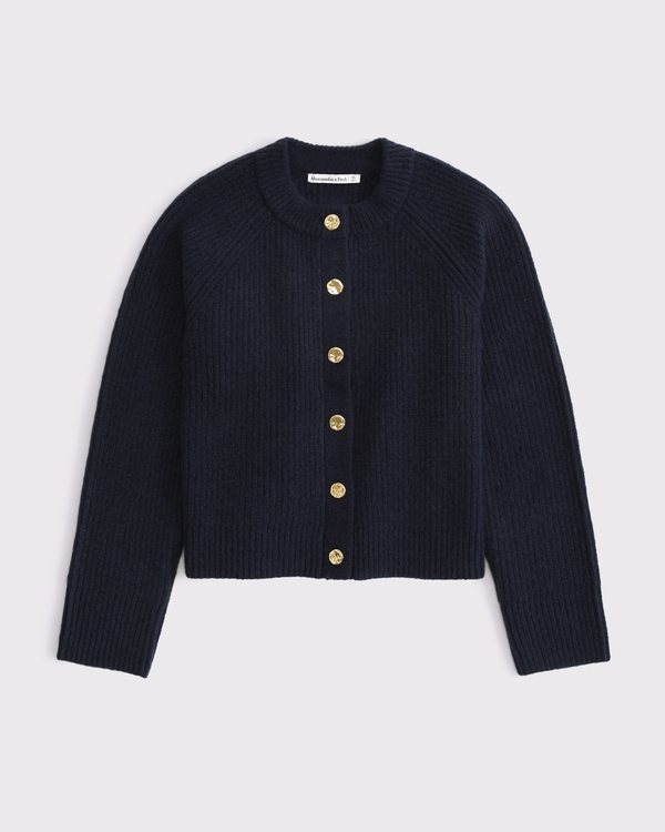 Ribbed Crew Cardigan, Dark Indigo view 1