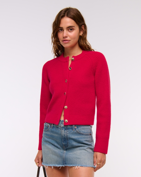 Ribbed Crew Cardigan, Vivid Red view 1