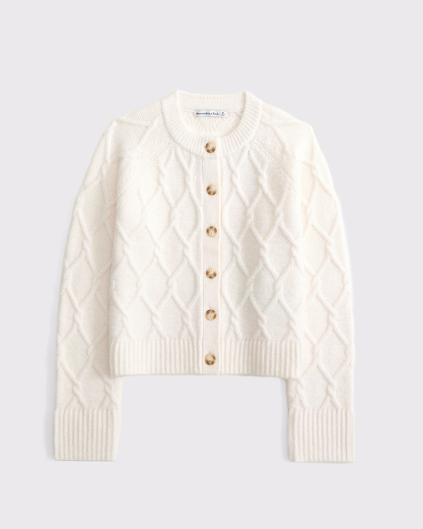 Cable-Knit Crew Cardigan, Cream view 1