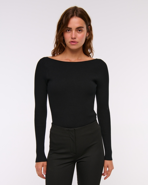 Bra-Free Open-Back Sweater Bodysuit, Black view 2