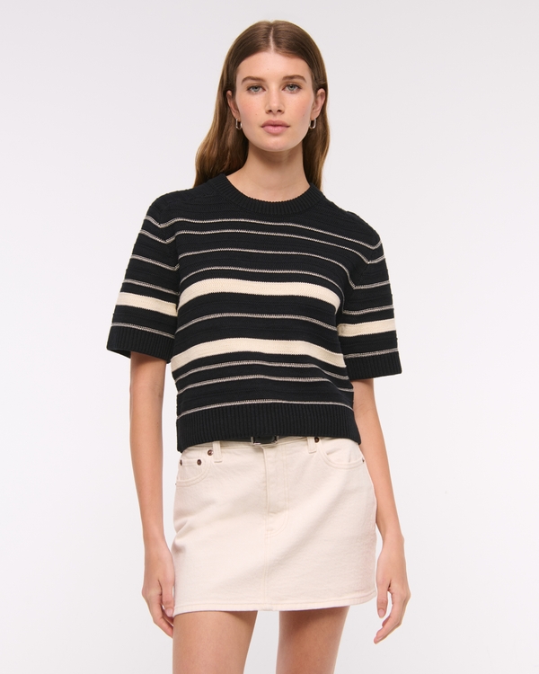 The A&F Madeline Textural Crew Sweater Tee, Black Stripe view 1