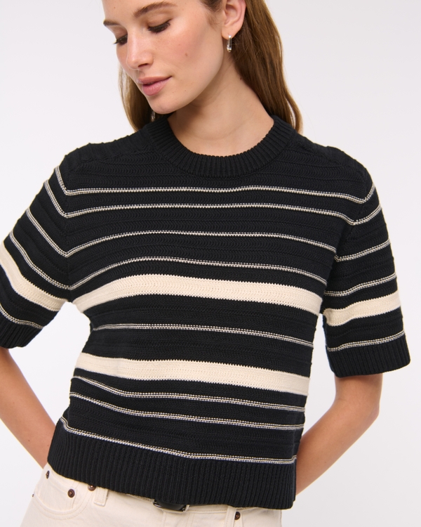 The A&F Madeline Textural Crew Sweater Tee, Black Stripe view 2