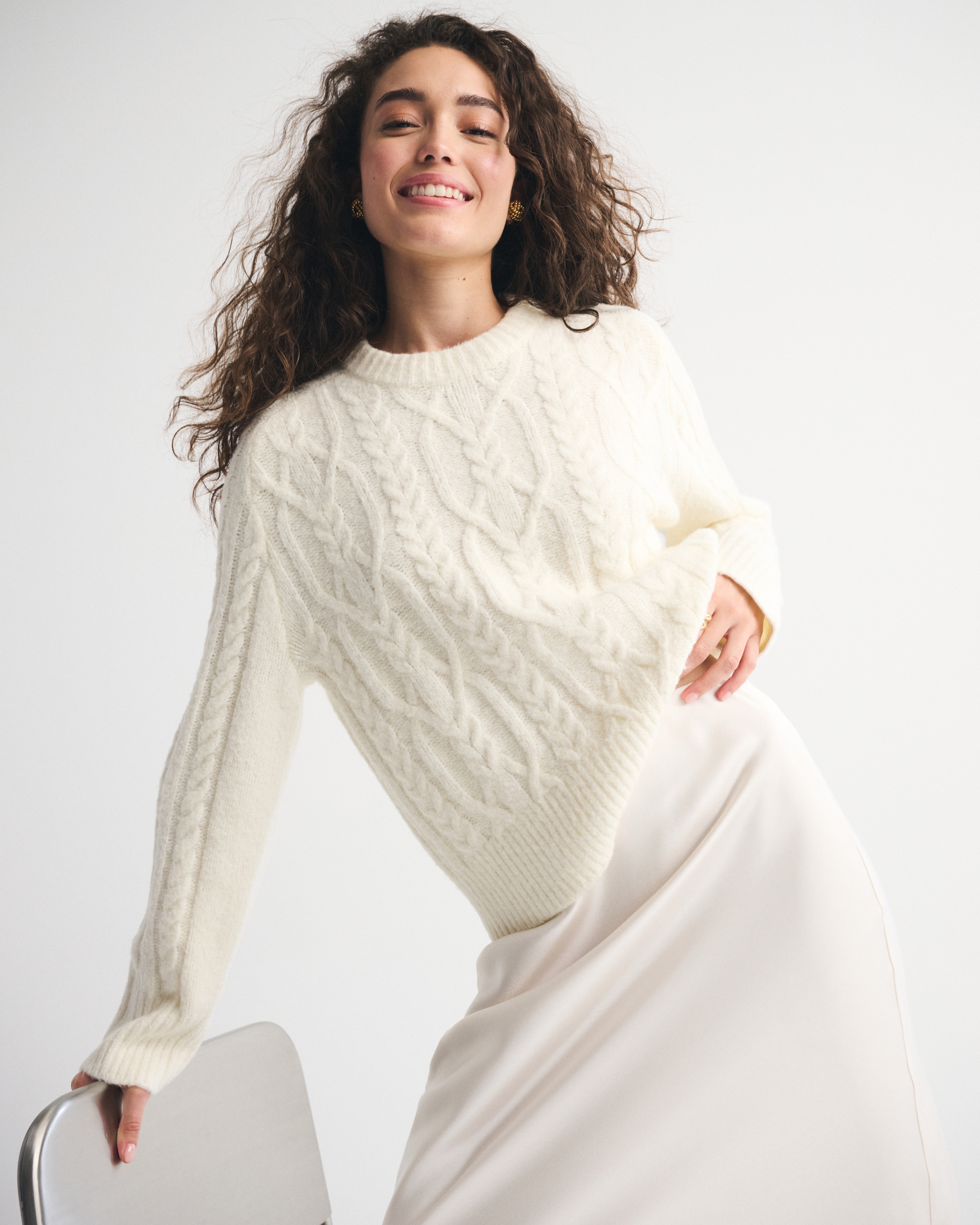 Abercrombie & Fitch The A&f Madeline Cable Crew Sweater In White