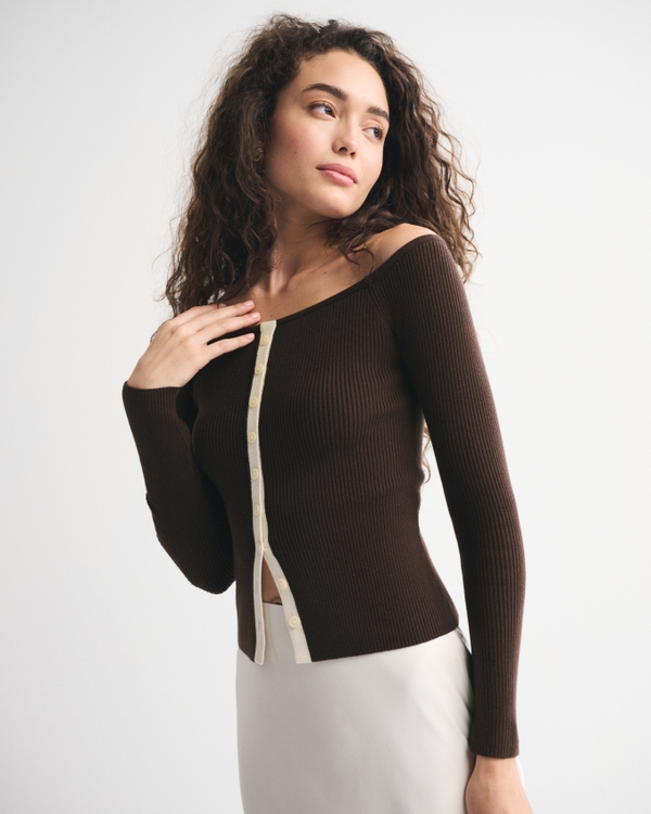 Off-The-Shoulder Button-Through Top, Dark Coffee view 1