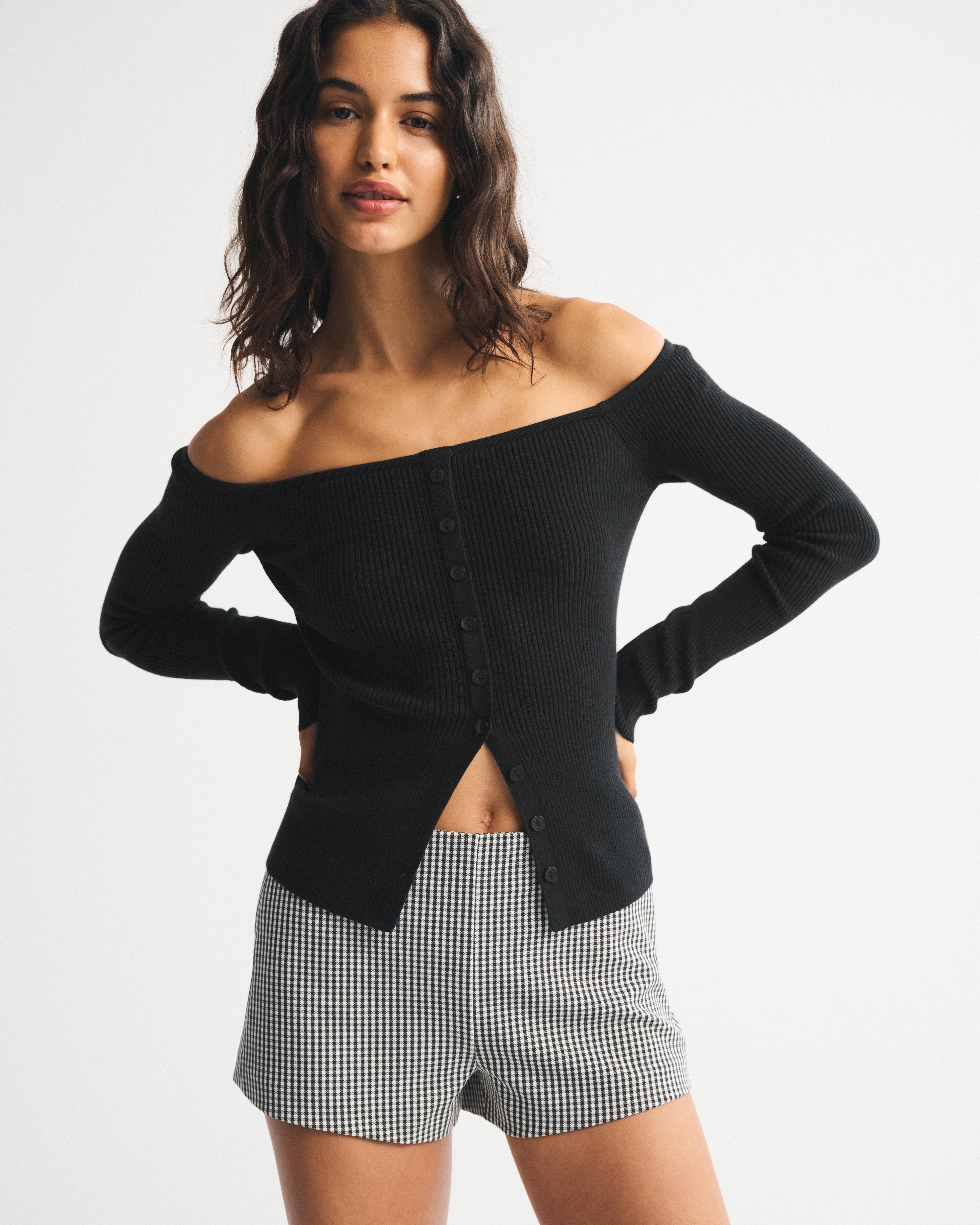 Abercrombie & Fitch Off-the-shoulder Button-through Top In Black