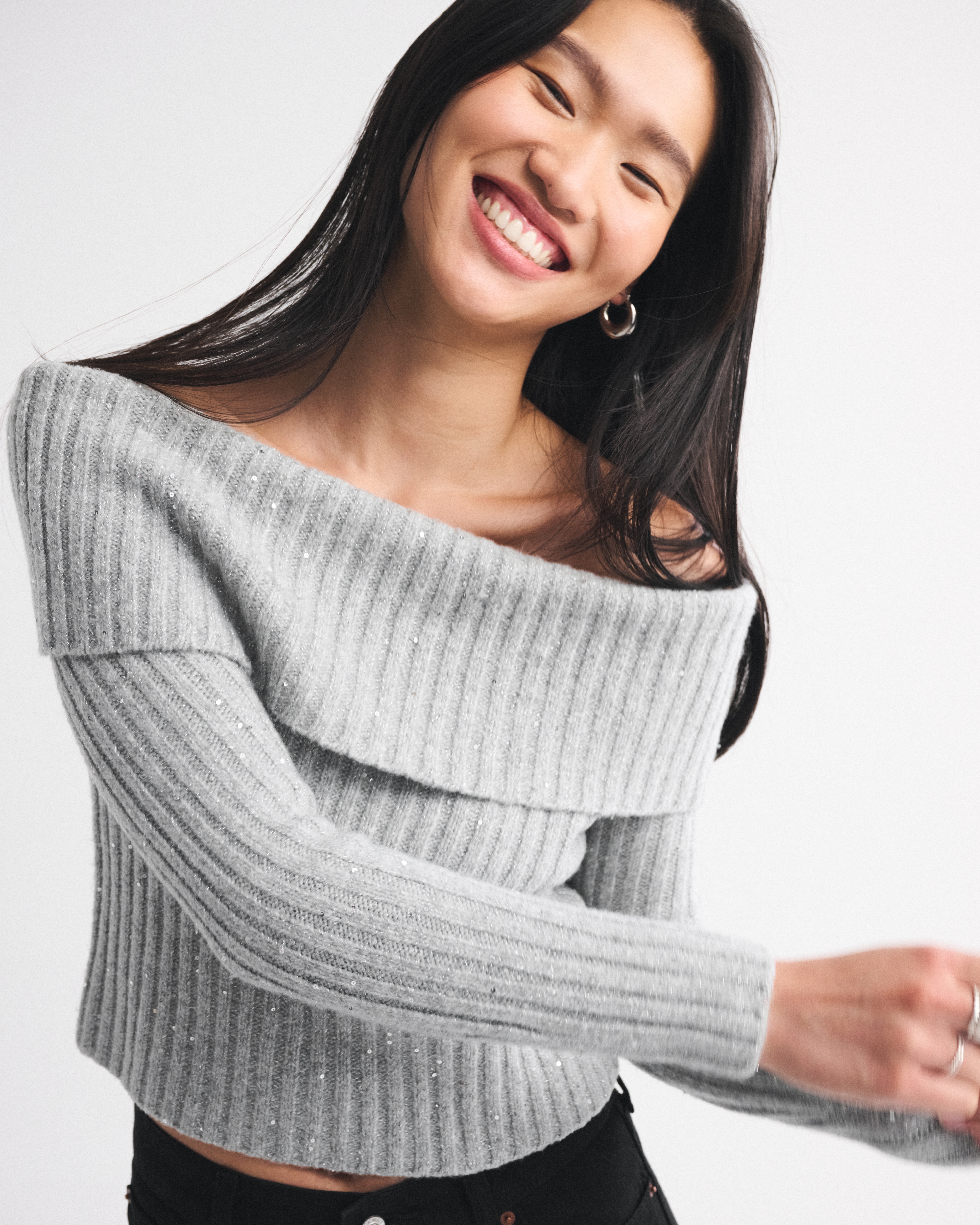 Abercrombie & Fitch Ribbed Foldover Off-the-shoulder Sweater In Gray