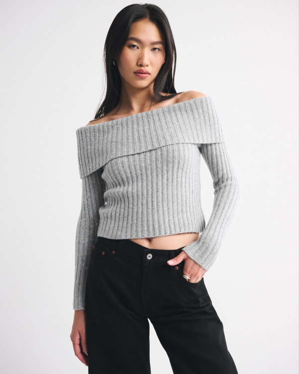 Ribbed Foldover Off-The-Shoulder Sweater