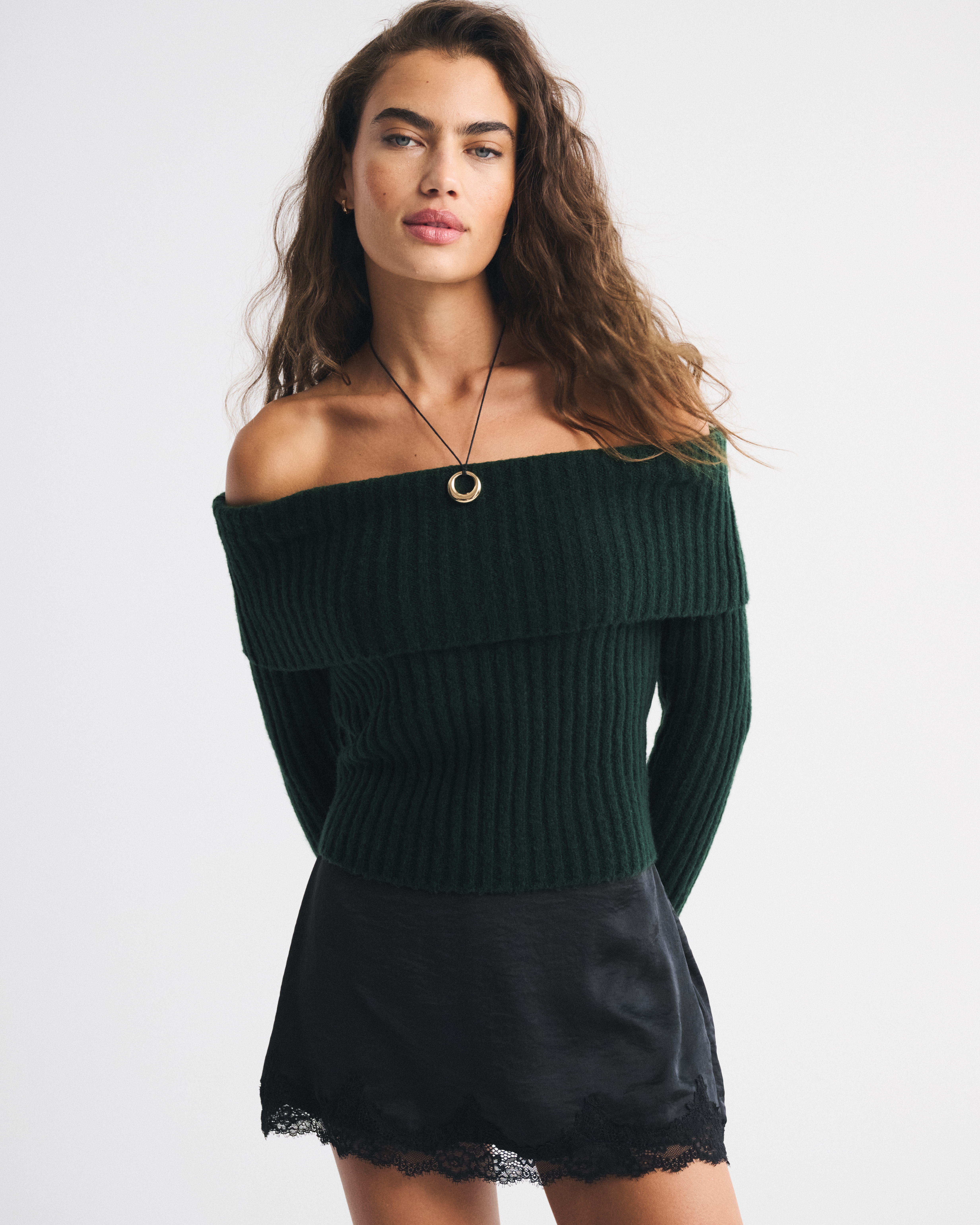 Abercrombie & Fitch Ribbed Foldover Off-the-shoulder Sweater In Green