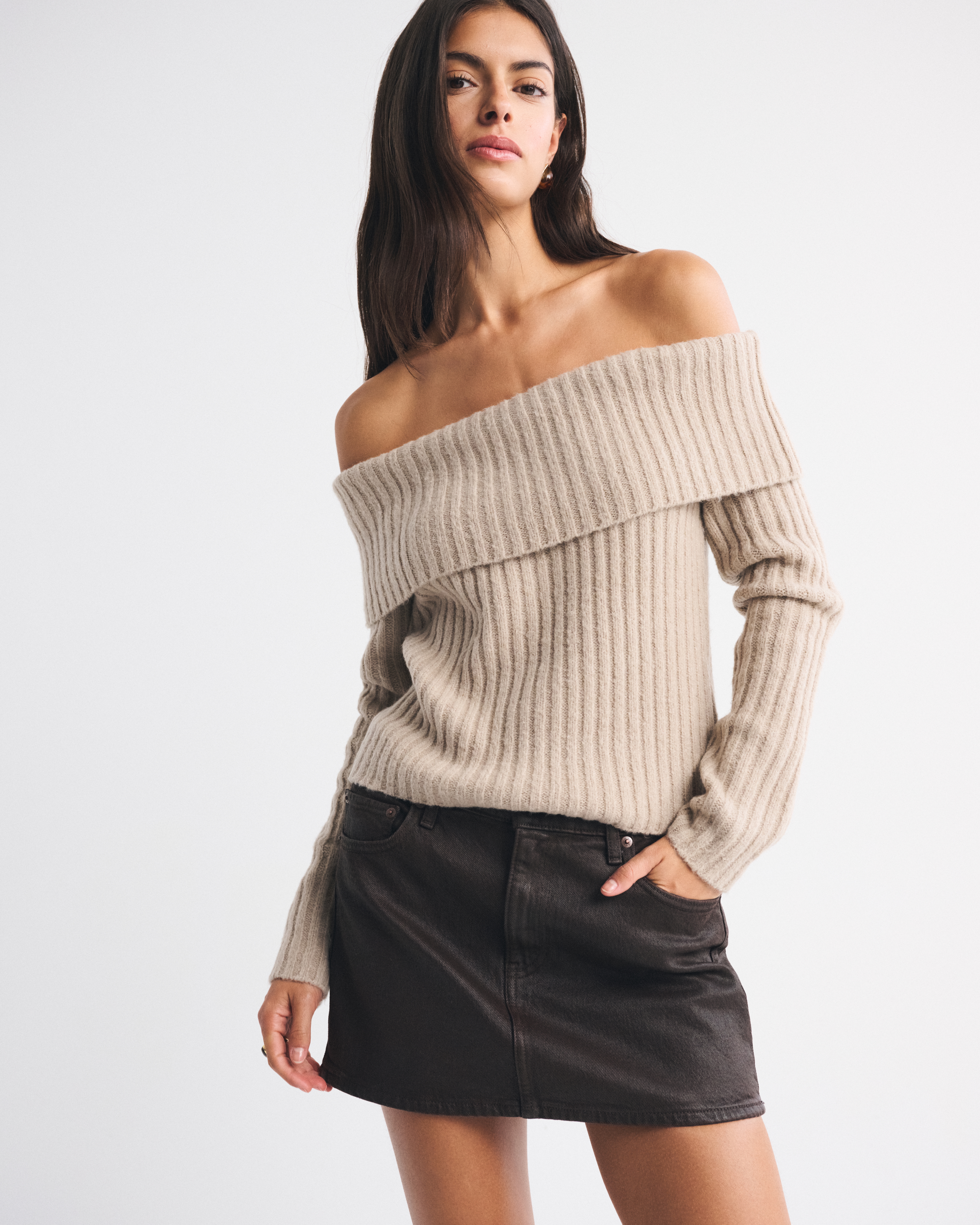 Abercrombie & Fitch Ribbed Foldover Off-the-shoulder Sweater In Sand