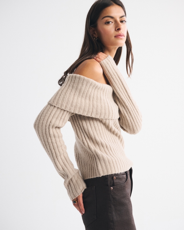 Ribbed Foldover Off-The-Shoulder Sweater