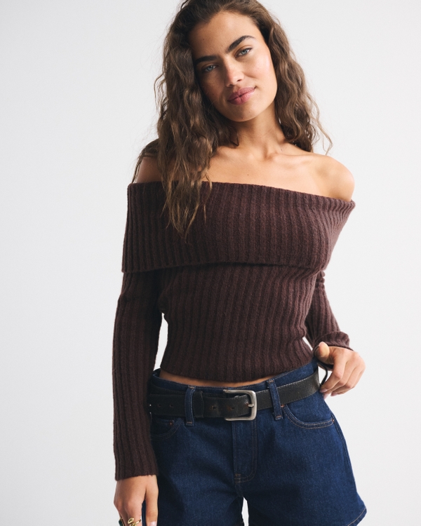 Ribbed Foldover Off-The-Shoulder Sweater
