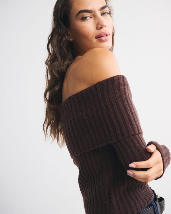 Ribbed Foldover Off-The-Shoulder Sweater