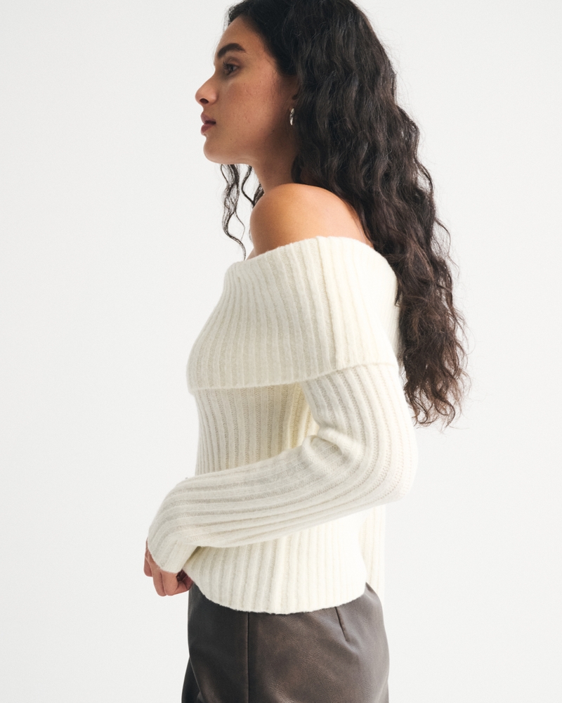 Ribbed Foldover Off-The-Shoulder Sweater