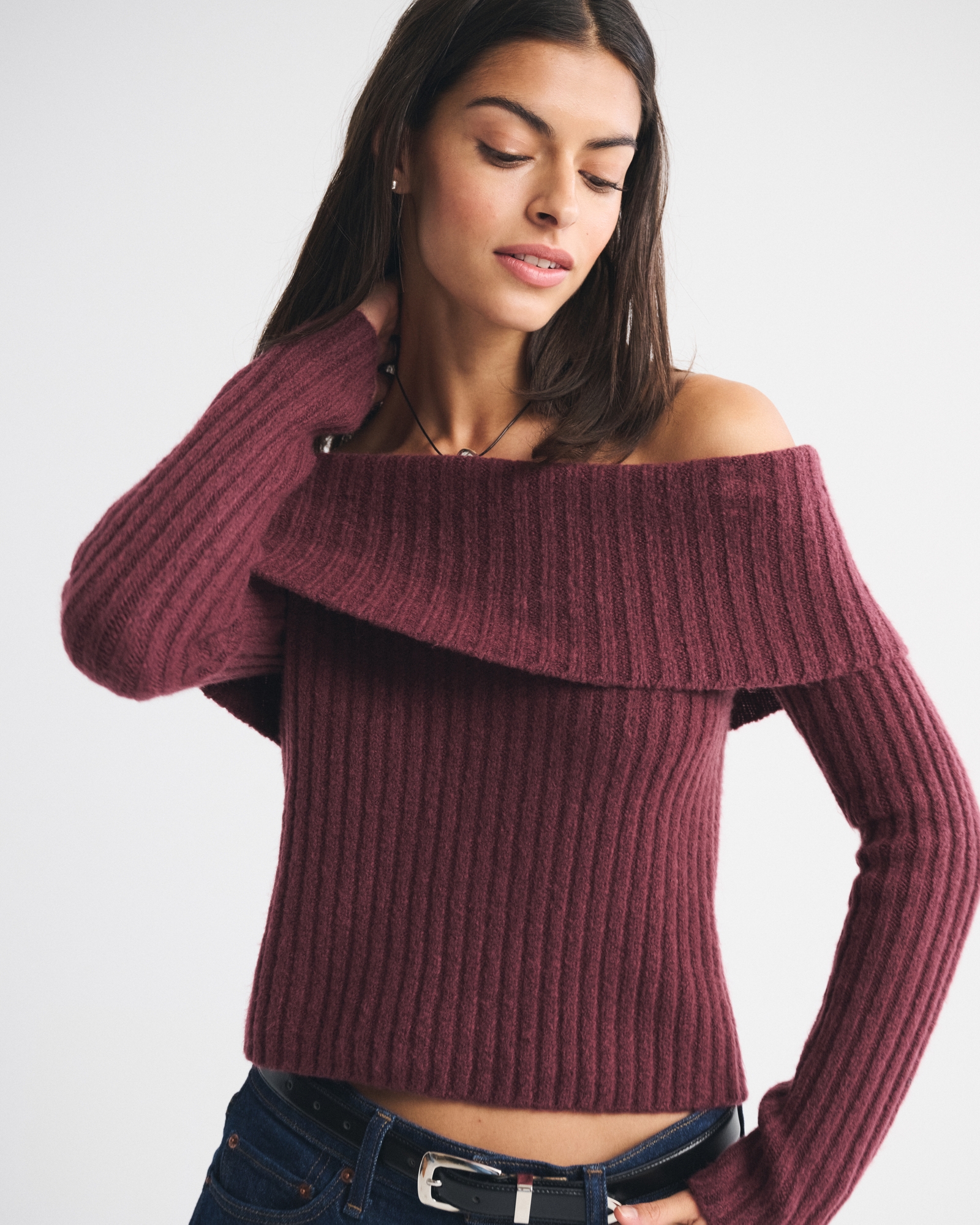 Ribbed Foldover Off-The-Shoulder Sweater