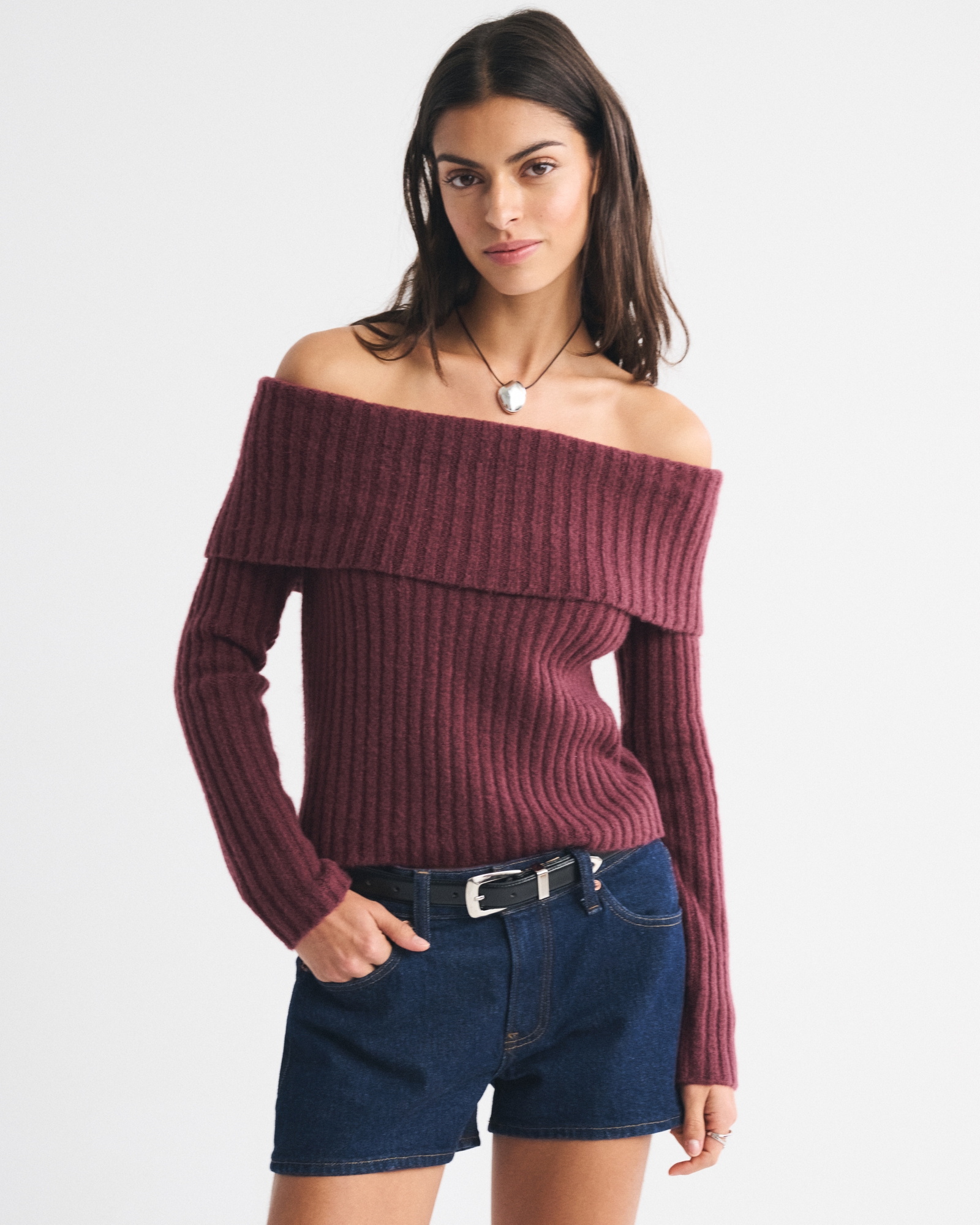 Ribbed Foldover Off-The-Shoulder Sweater