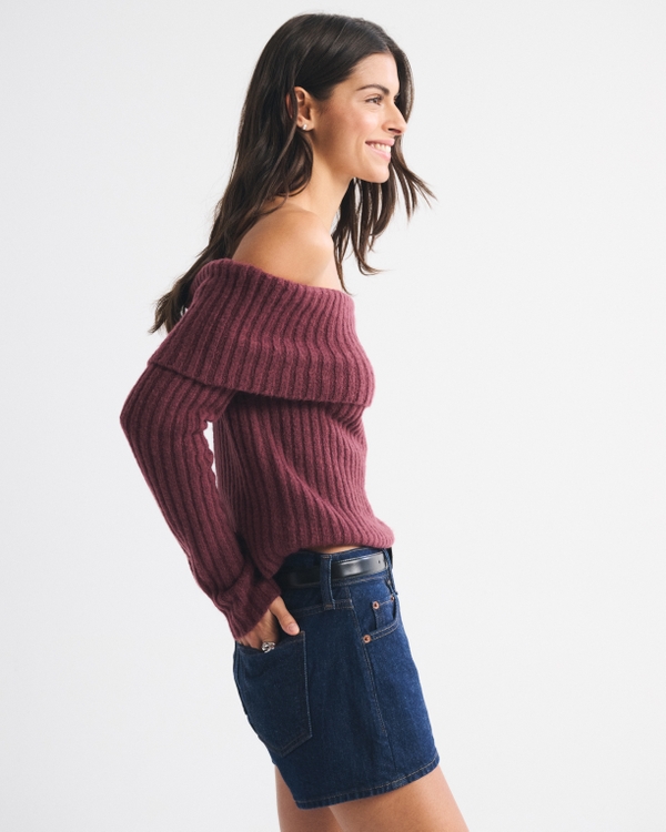 Ribbed Foldover Off-The-Shoulder Sweater