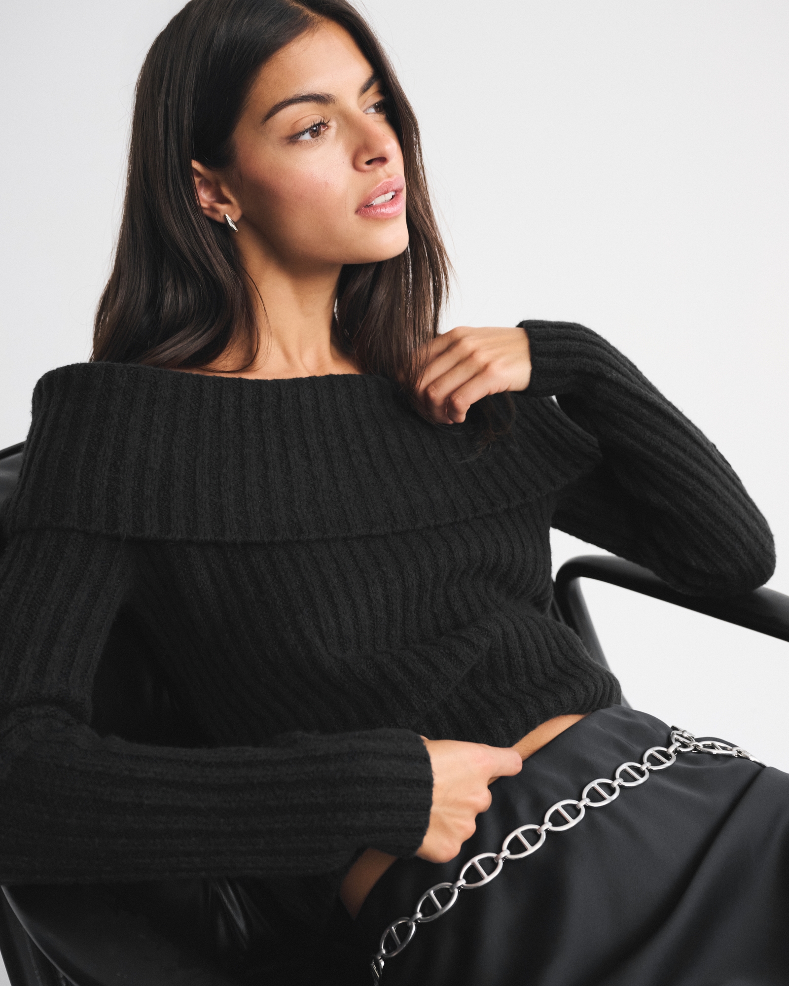 Ribbed Foldover Off-The-Shoulder Sweater