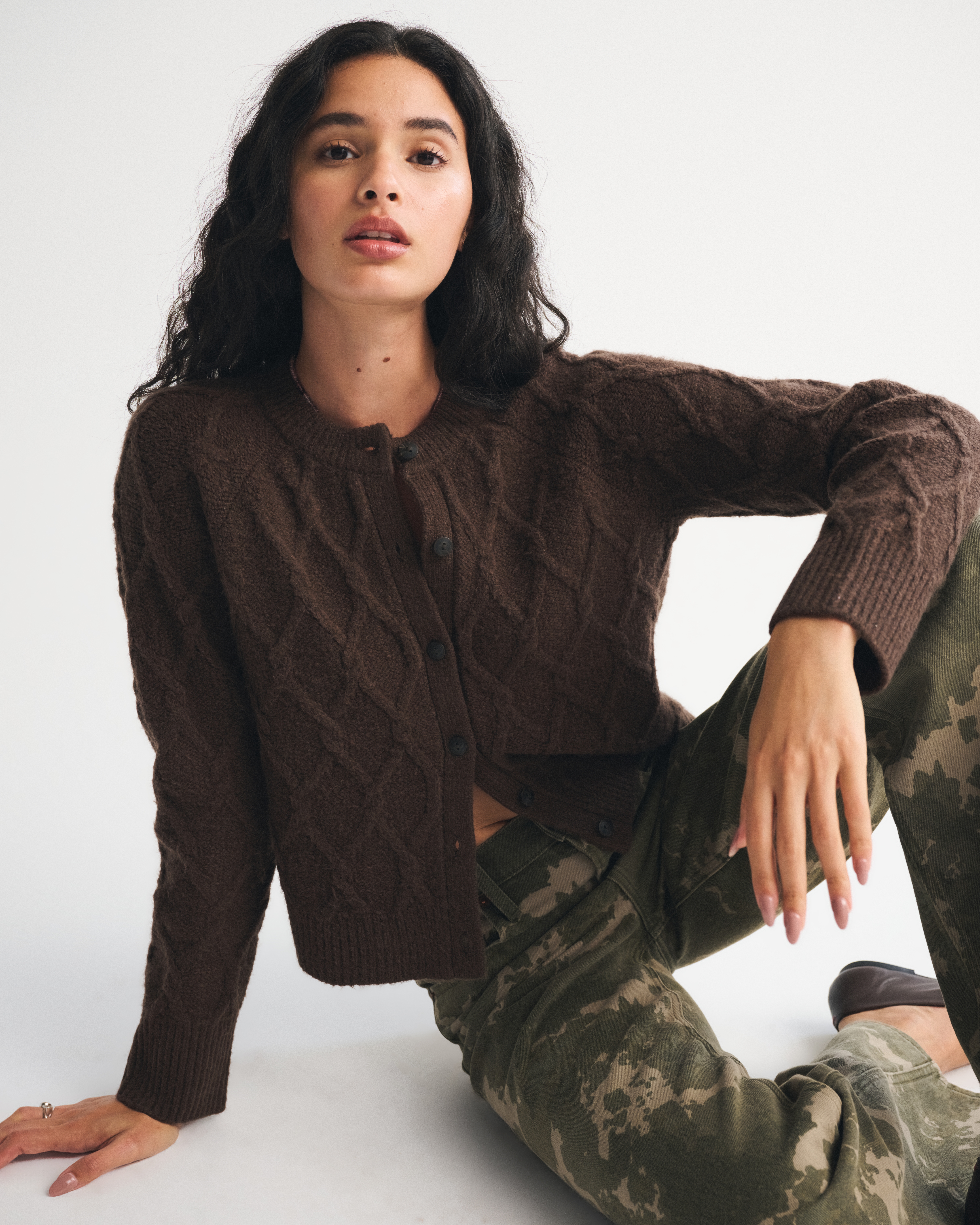 Abercrombie & Fitch Cable-knit Crew Cardigan In Brown