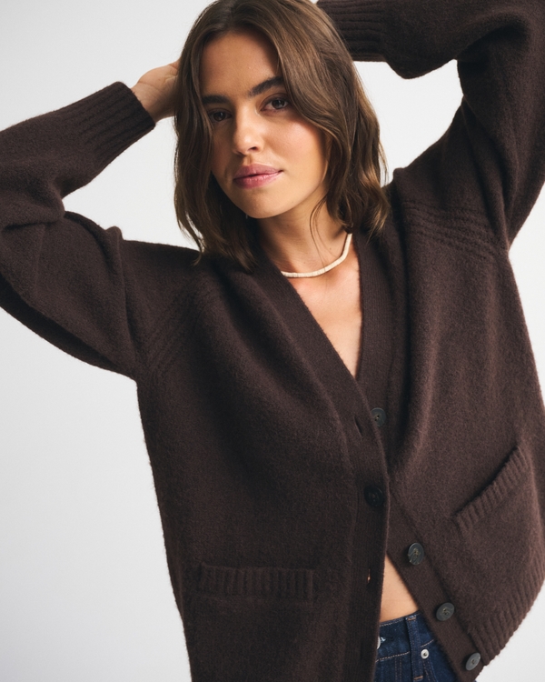 Dad V-Neck Cardigan, Dark Coffee view 1