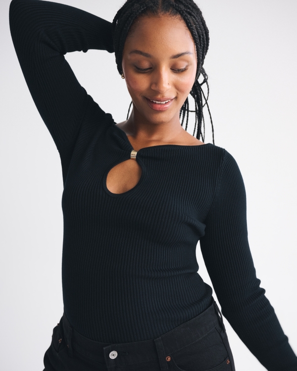 Hardware Keyhole Long-Sleeve Sweater Top, Black view 1