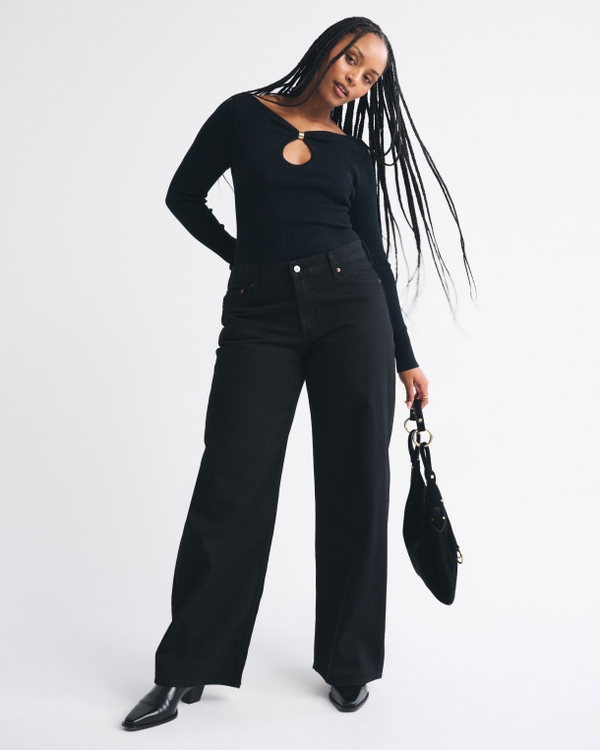 Hardware Keyhole Long-Sleeve Sweater Top, Black view 2
