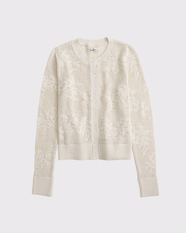 Floral Open-Stitch Cardigan, Cream view 1