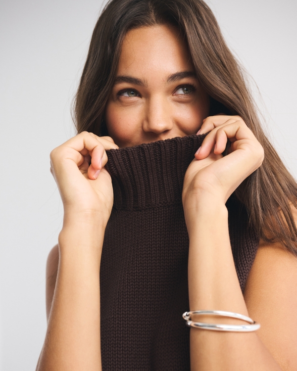 Mockneck Sweater Shell Top, Brown view 1