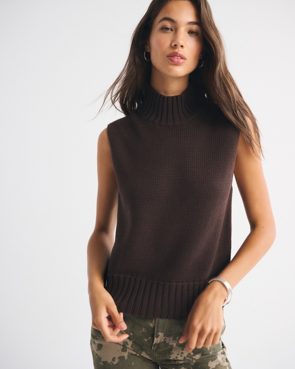 Mockneck Sweater Shell Top, Brown view 2