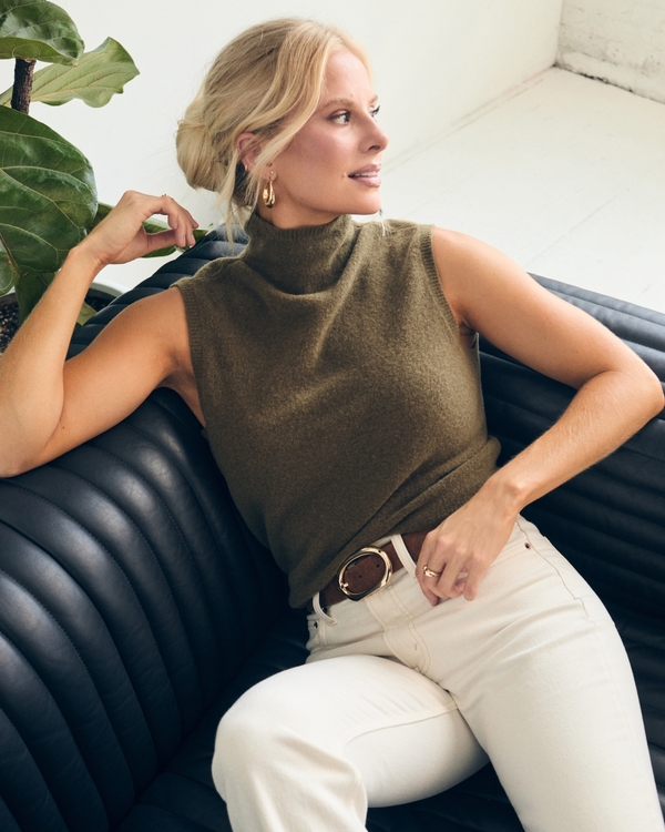 Mockneck Wool-Blend Sweater Shell Top, Olive view 1