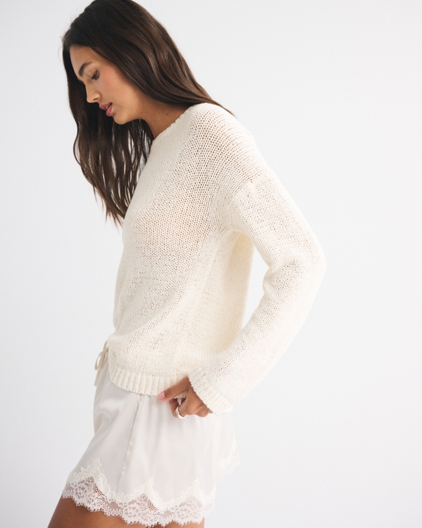 Open-Stitch Textural Crew Sweater
