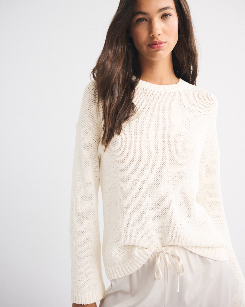 Open-Stitch Textural Crew Sweater