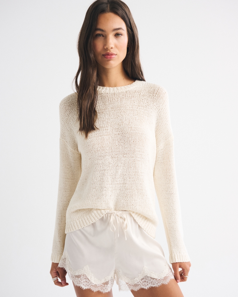 Open-Stitch Textural Crew Sweater
