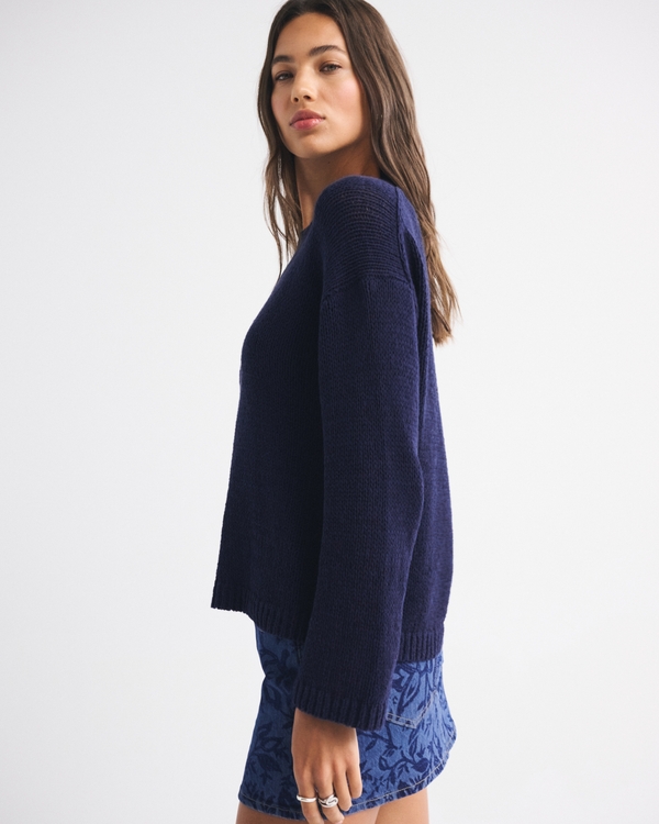 Open-Stitch Textural Crew Sweater