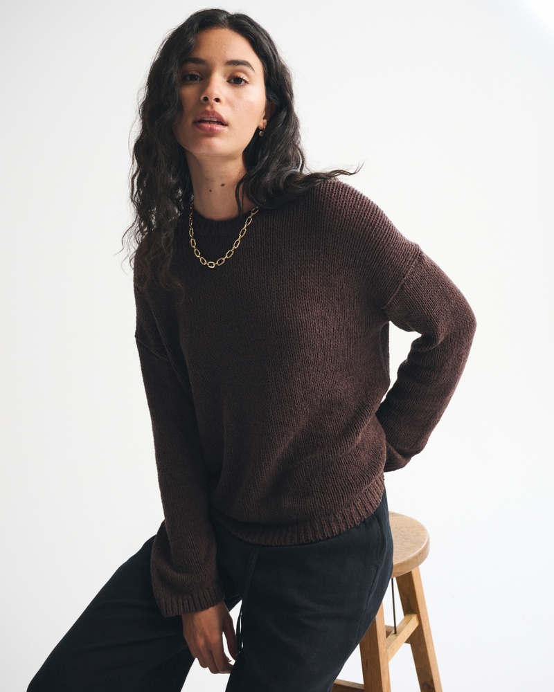 Open-Stitch Textural Crew Sweater
