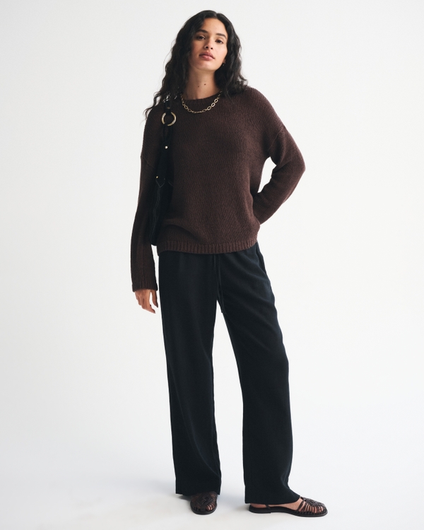 Open-Stitch Textural Crew Sweater