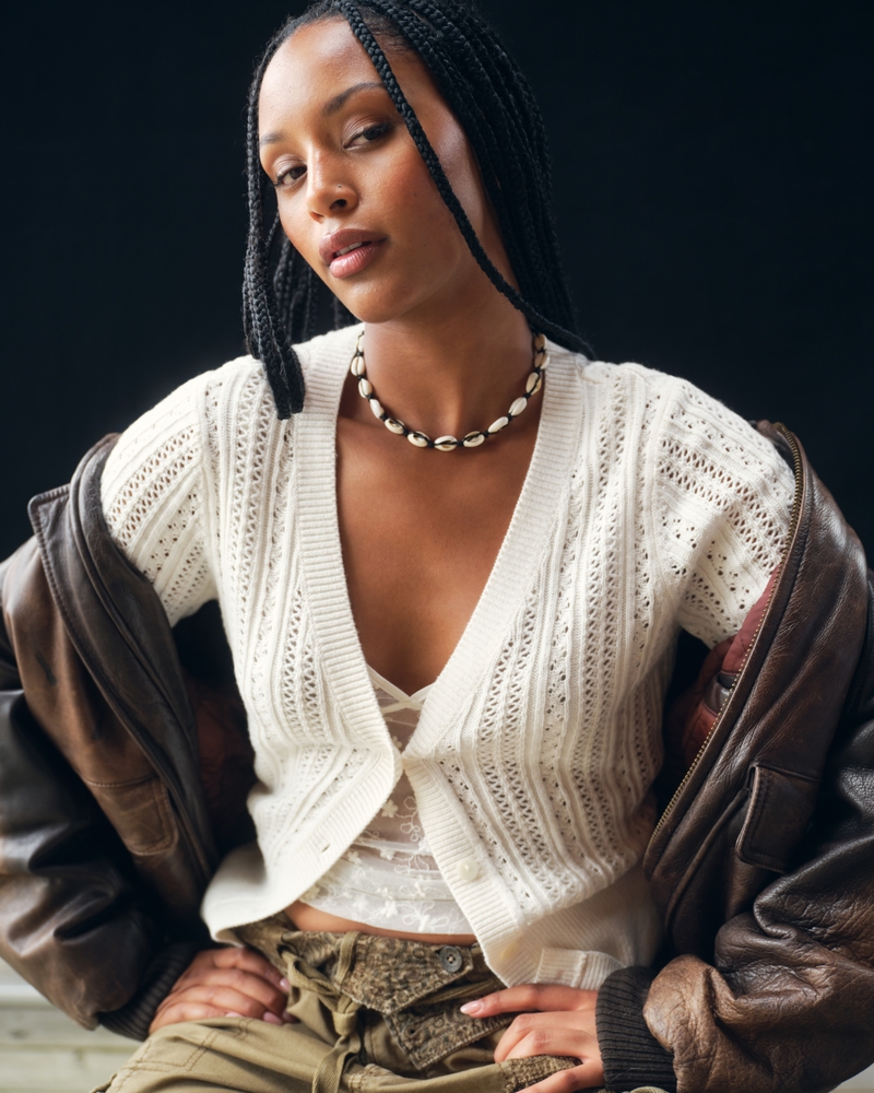 Pointelle Shrunken V-Neck Cardigan