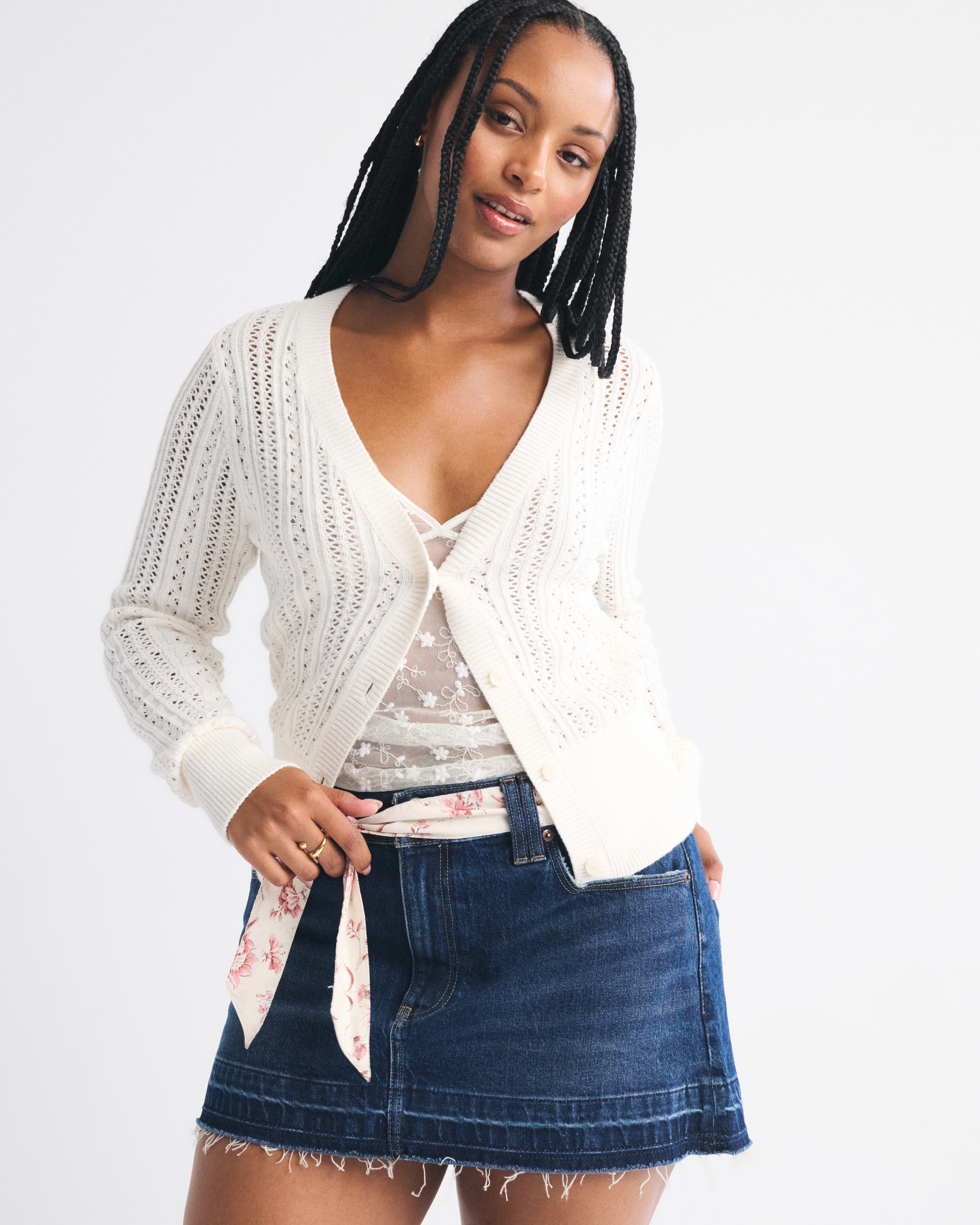 Abercrombie & Fitch Pointelle Shrunken V-neck Cardigan In White