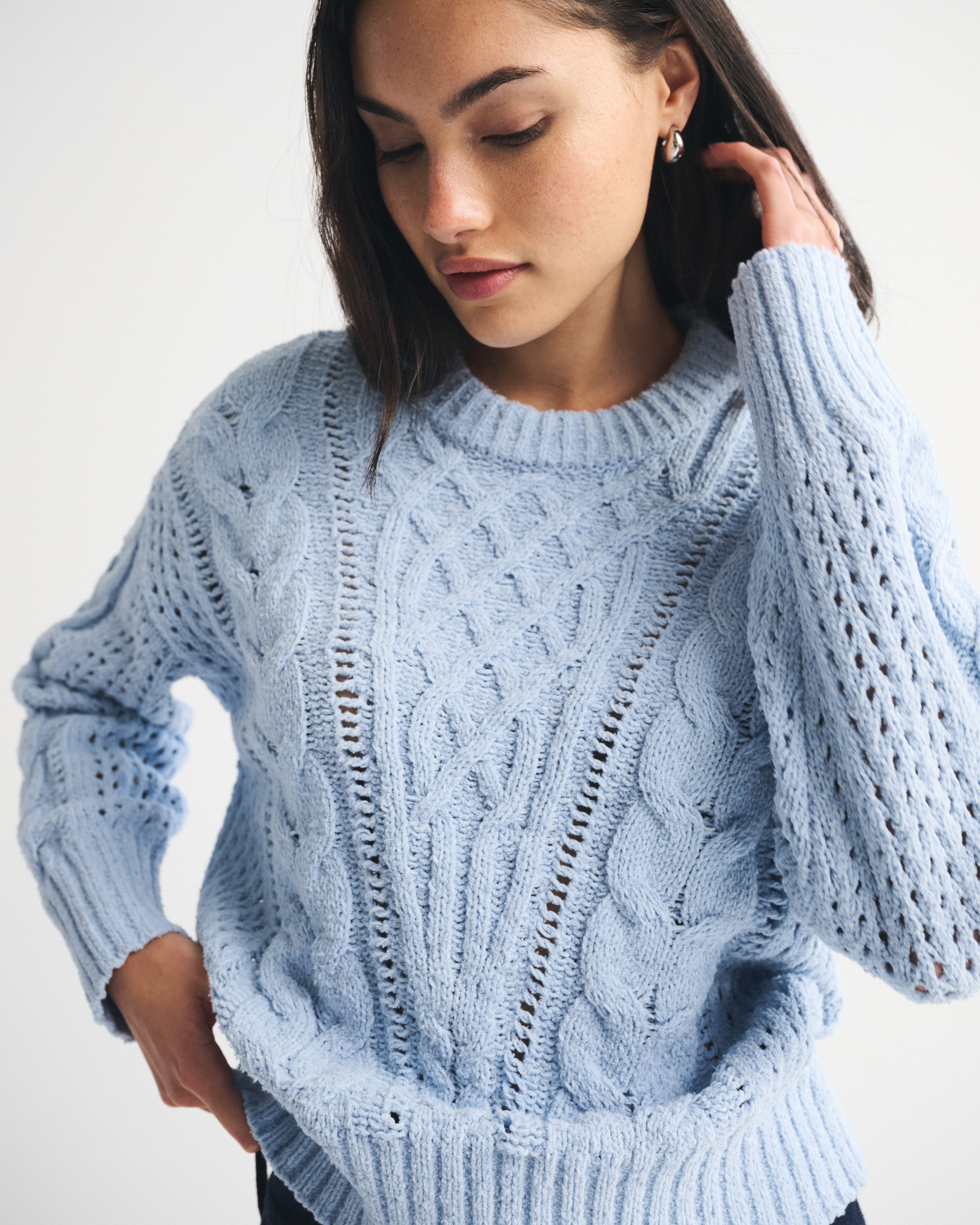 Abercrombie & Fitch Textural Stitch Cable Crew Sweater In Blue