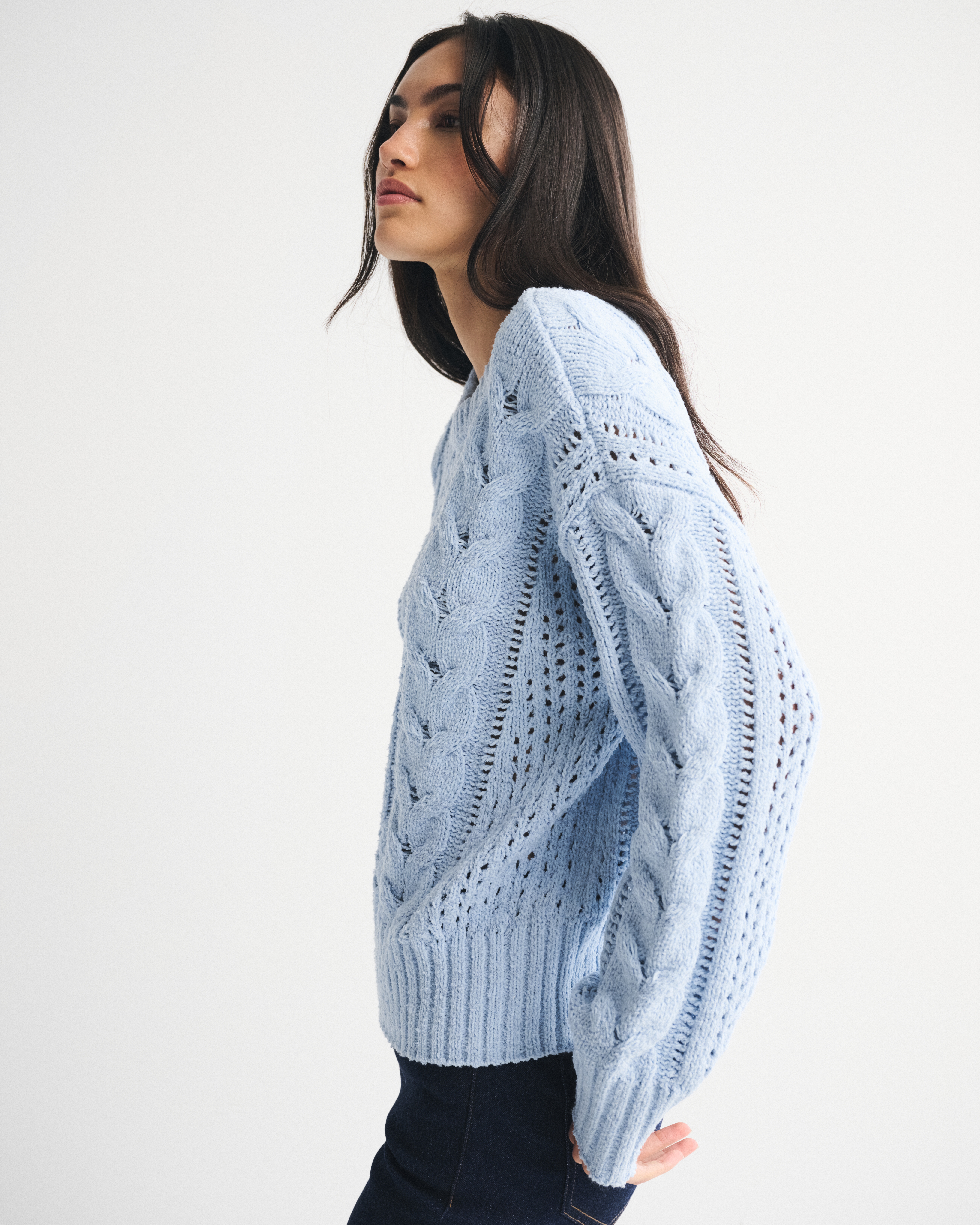 Abercrombie & Fitch Textural Stitch Cable Crew Sweater In Blue