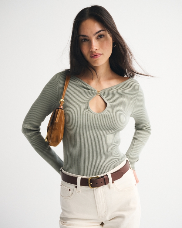 Hardware Keyhole Long-Sleeve Sweater Top