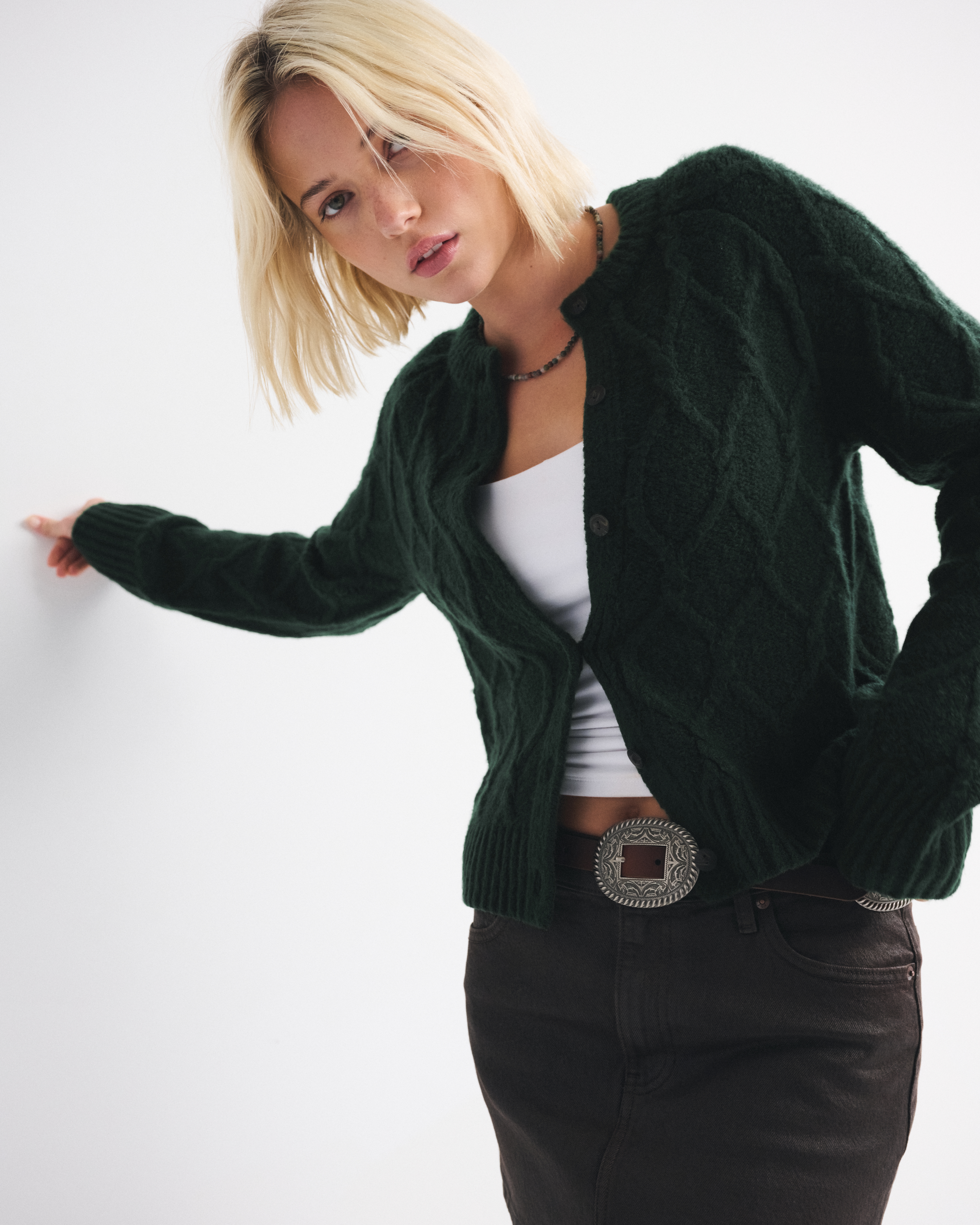Abercrombie & Fitch Cable-knit Crew Cardigan In Green