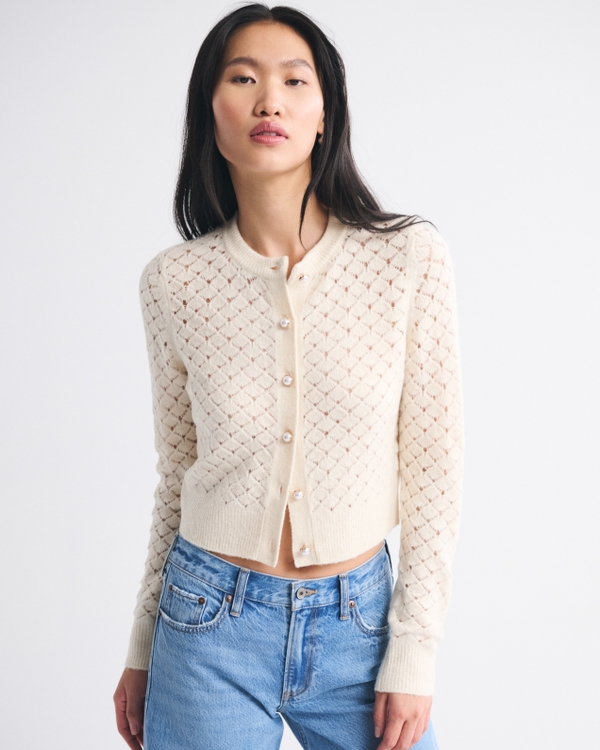 Shrunken Pointelle Crew Cardigan