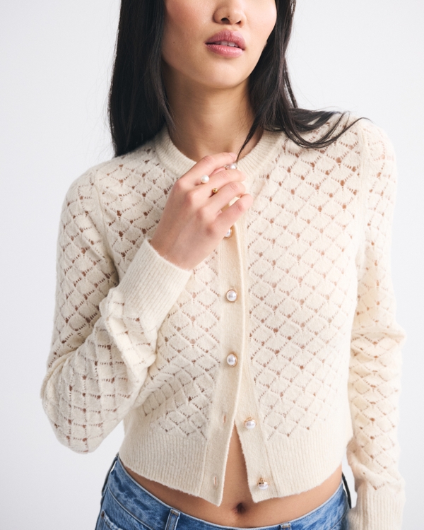 Shrunken Pointelle Crew Cardigan