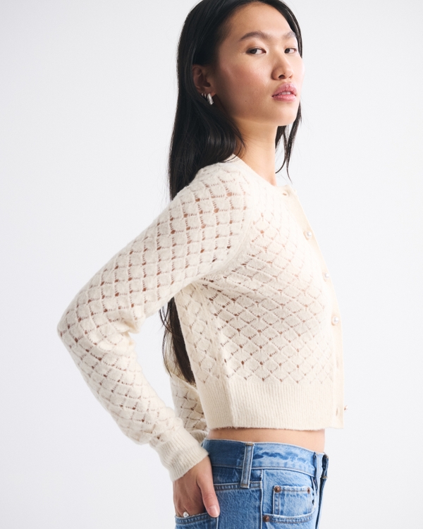 Shrunken Pointelle Crew Cardigan