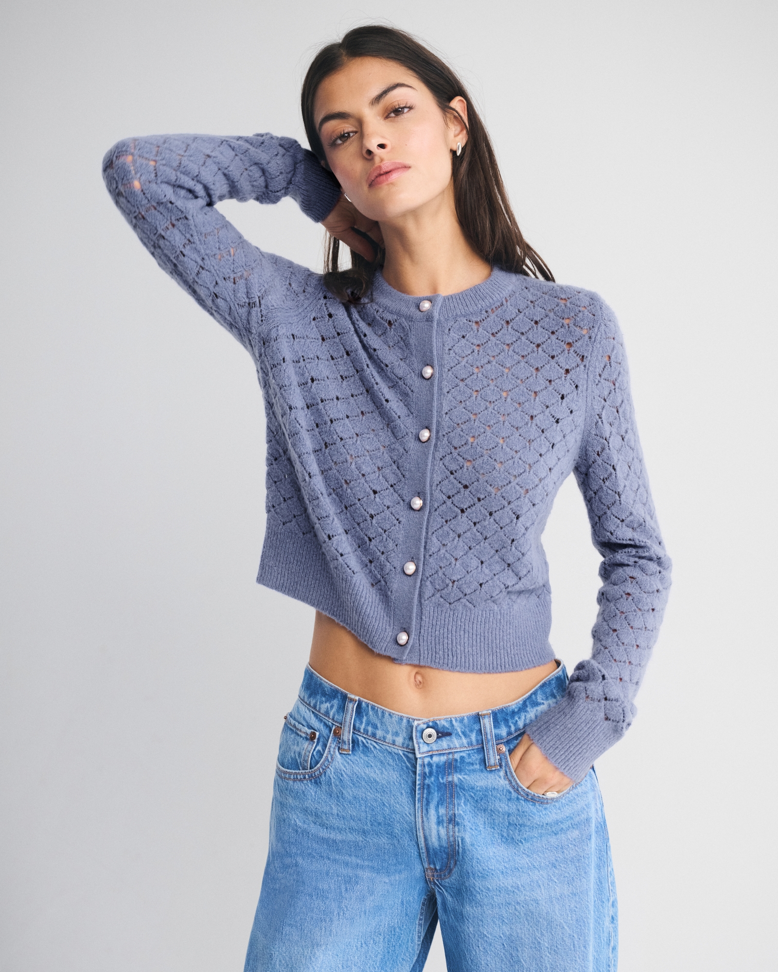 Shrunken Pointelle Crew Cardigan