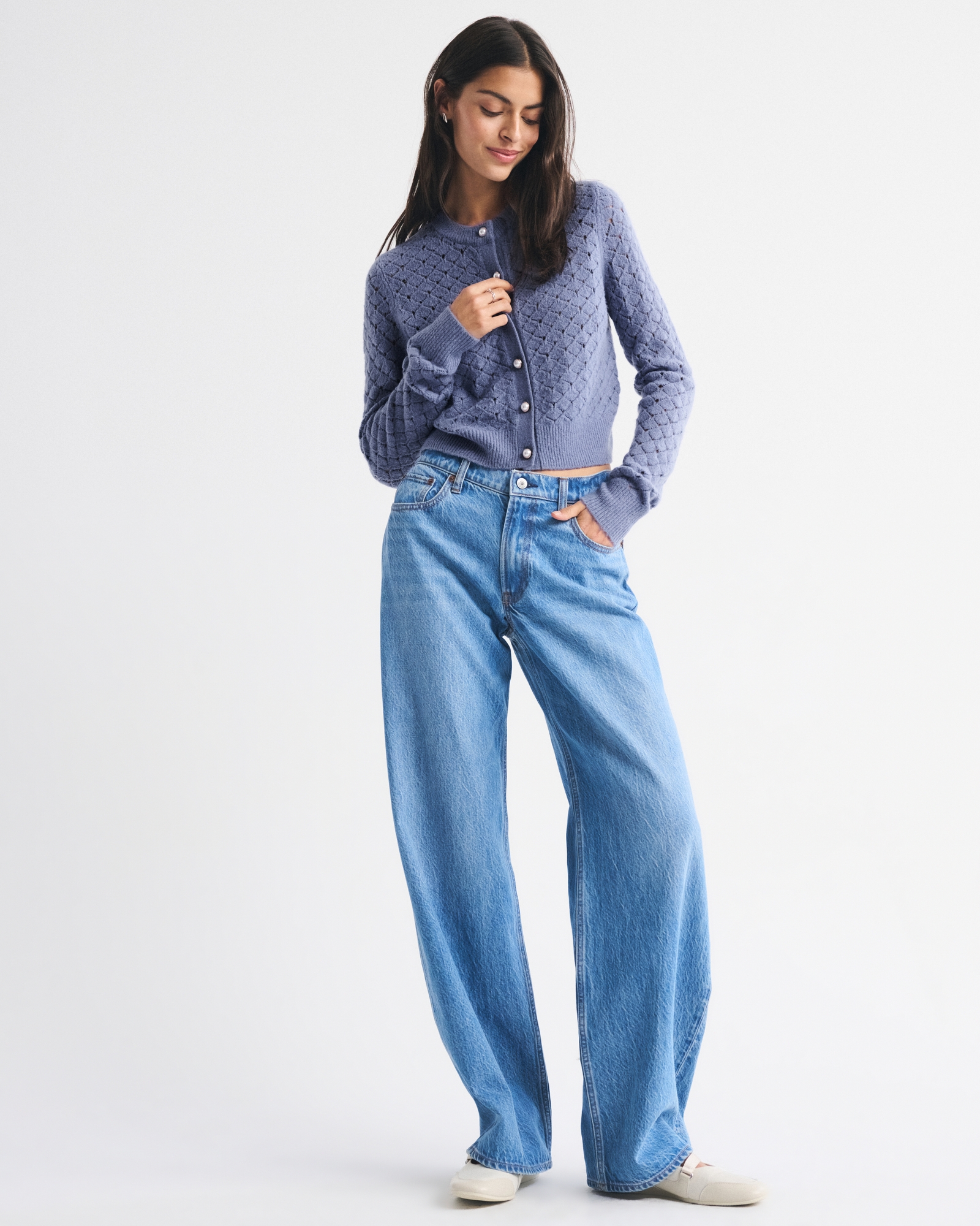 Shrunken Pointelle Crew Cardigan