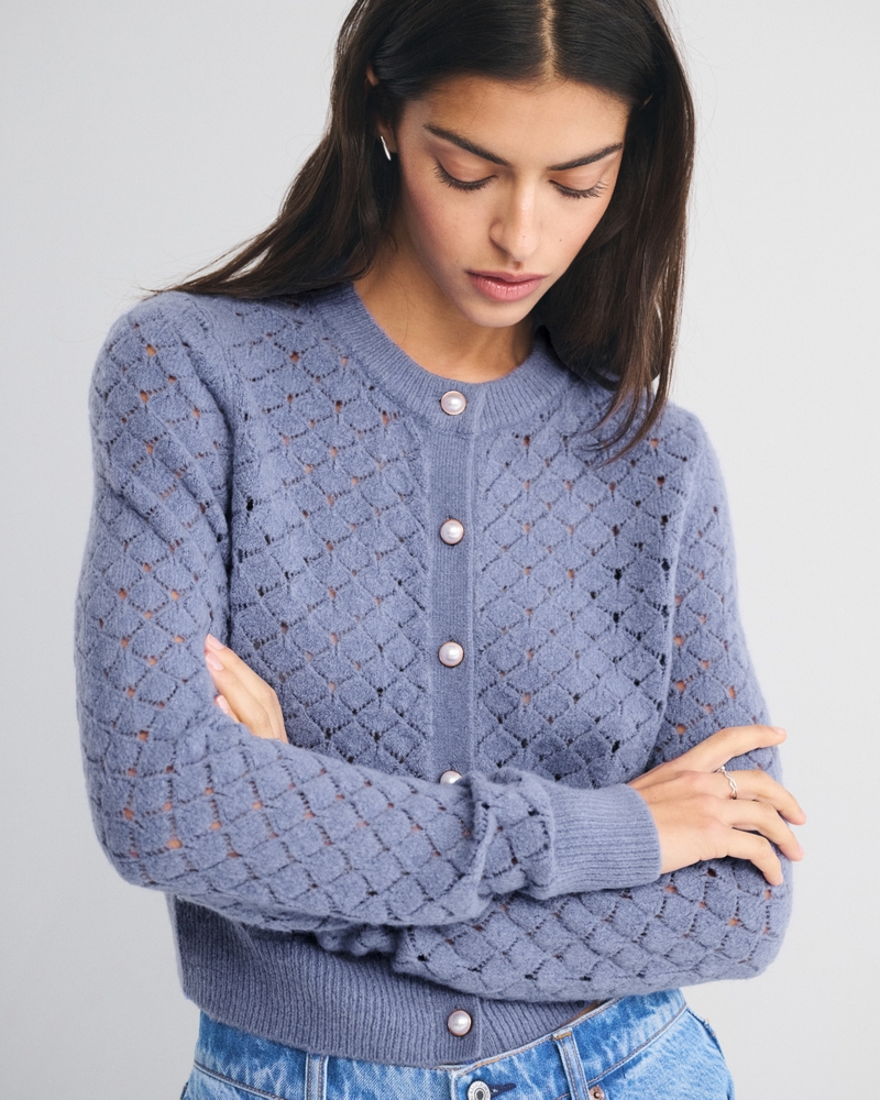 Shrunken Pointelle Crew Cardigan
