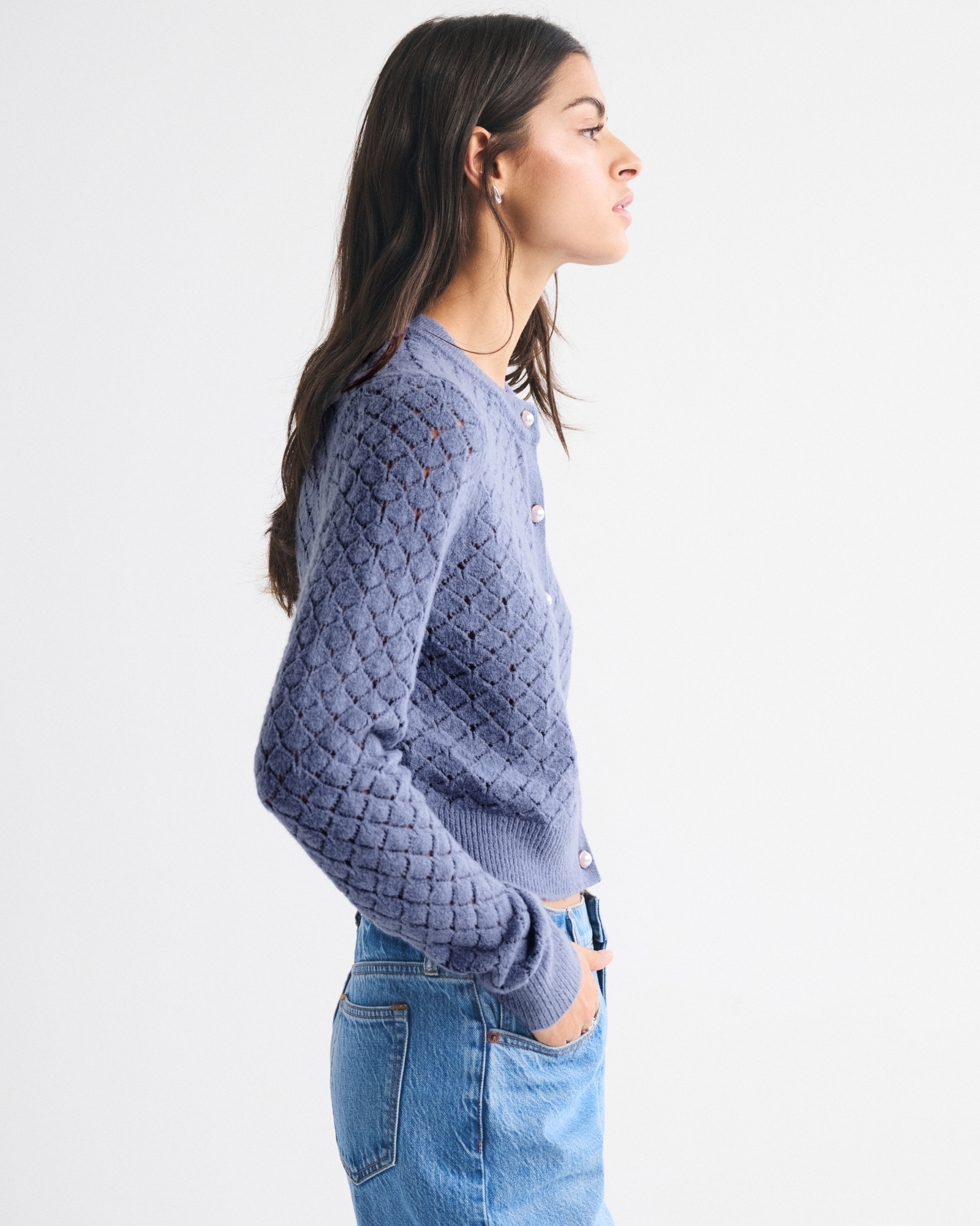Shrunken Pointelle Crew Cardigan