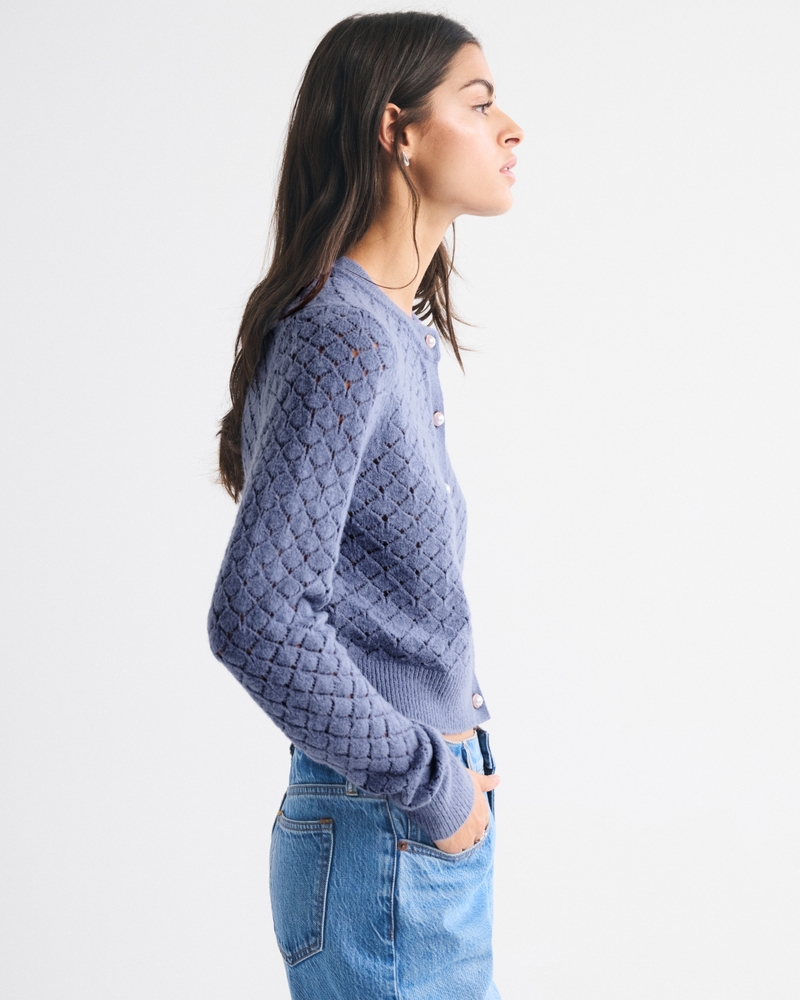 Shrunken Pointelle Crew Cardigan